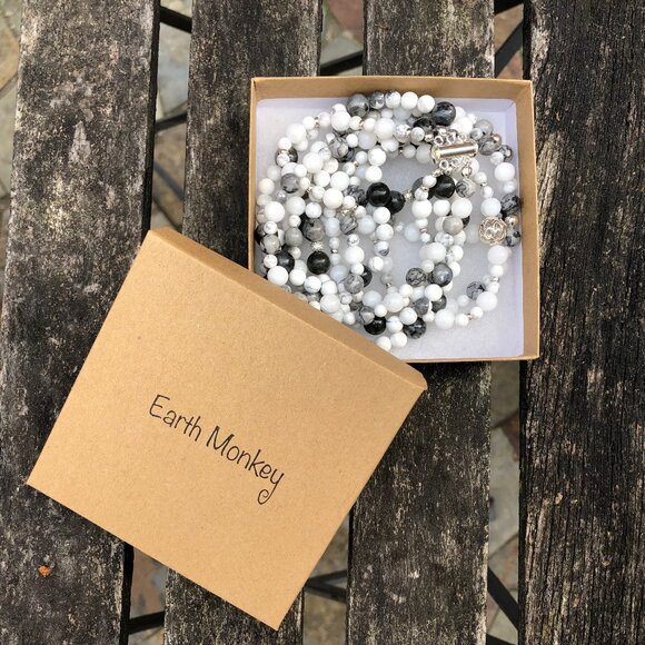 Three-strand natural stone & sterling silver beaded necklace (white/grey) - Picture 6 of 9